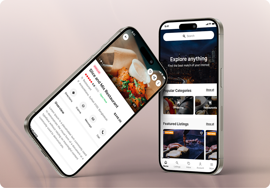 Directorist mobile app listing details and discovery screens displayed on two phones